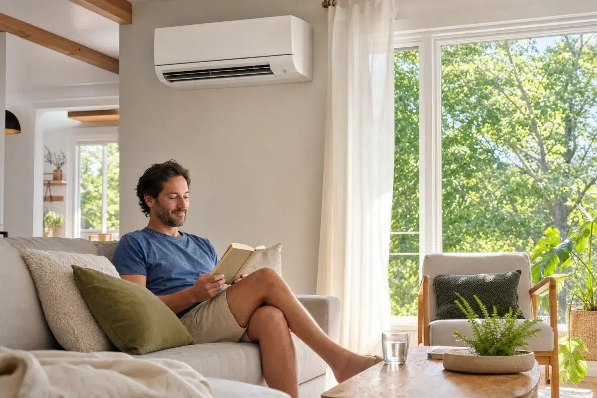 Salon frais climatisé par une thermopompe murale pendant une journée chaude à Québec