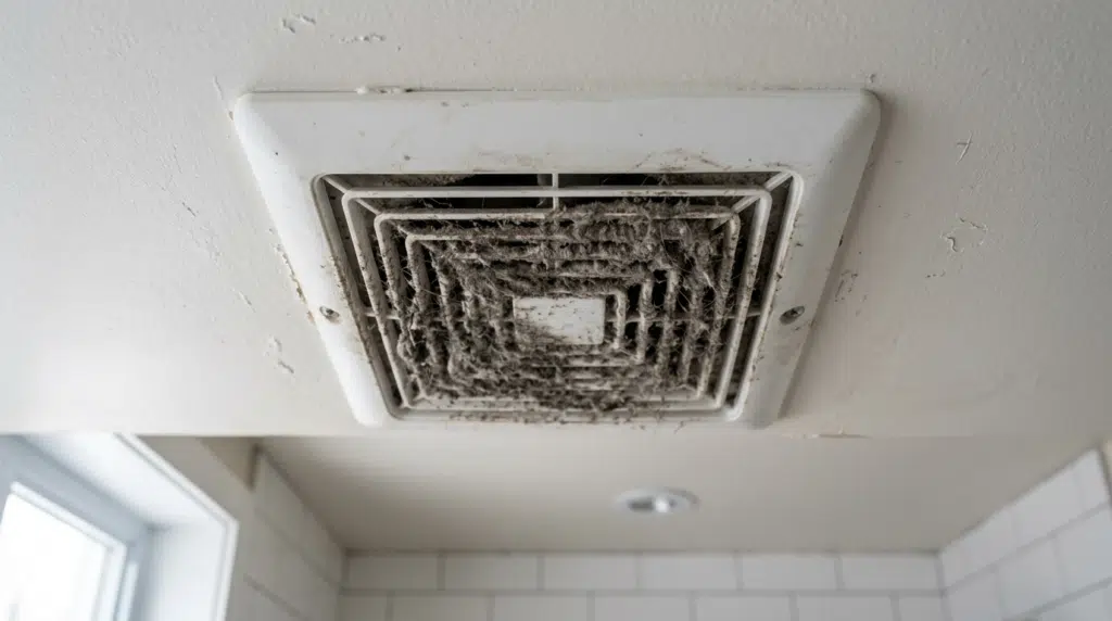 Grille d’un extracteur de salle de bain obstruée par la poussière à Québec