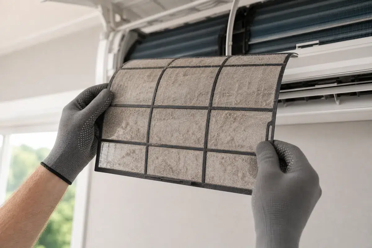Filtres poussiéreux retirés d’une thermopompe murale avant leur nettoyage