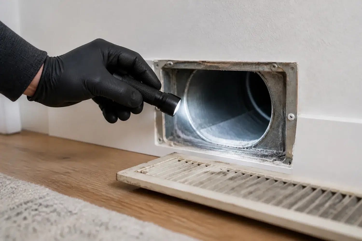 Inspection d’une bouche de ventilation contenant de la poussière dans une nouvelle maison