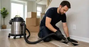 Technicien nettoyant un conduit de ventilation dans une maison récemment occupée à Québec