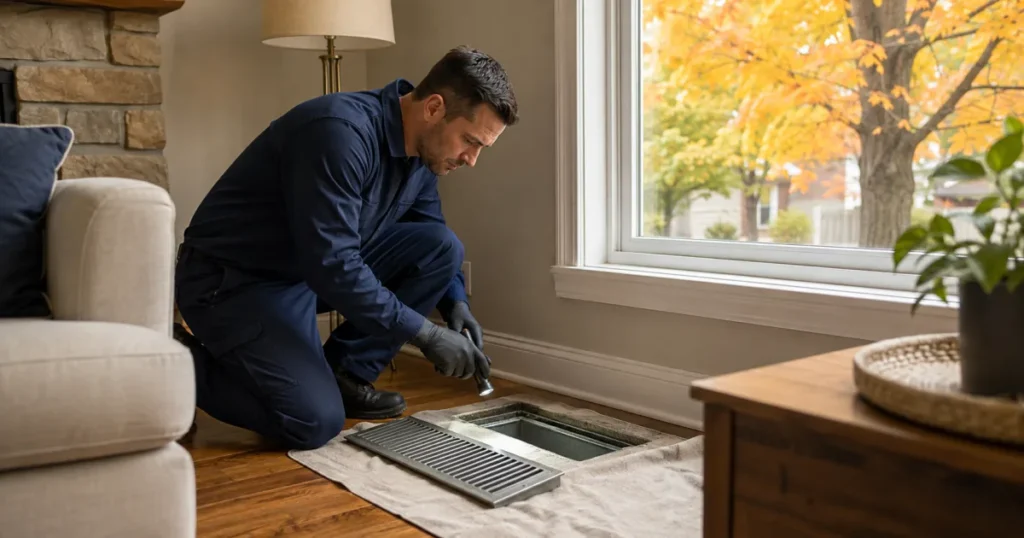 Technicien inspectant un conduit de chauffage sous une grille de plancher retirée.