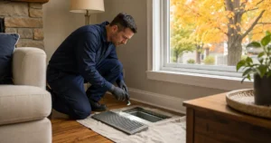 Technicien inspectant un conduit de chauffage sous une grille de plancher retirée.
