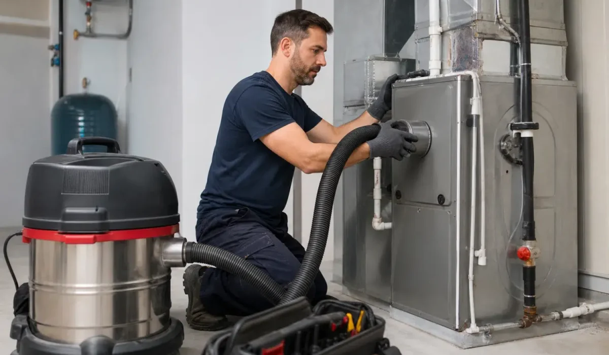 Technicien utilisant un équipement d’aspiration pour nettoyer un réseau de ventilation résidentiel